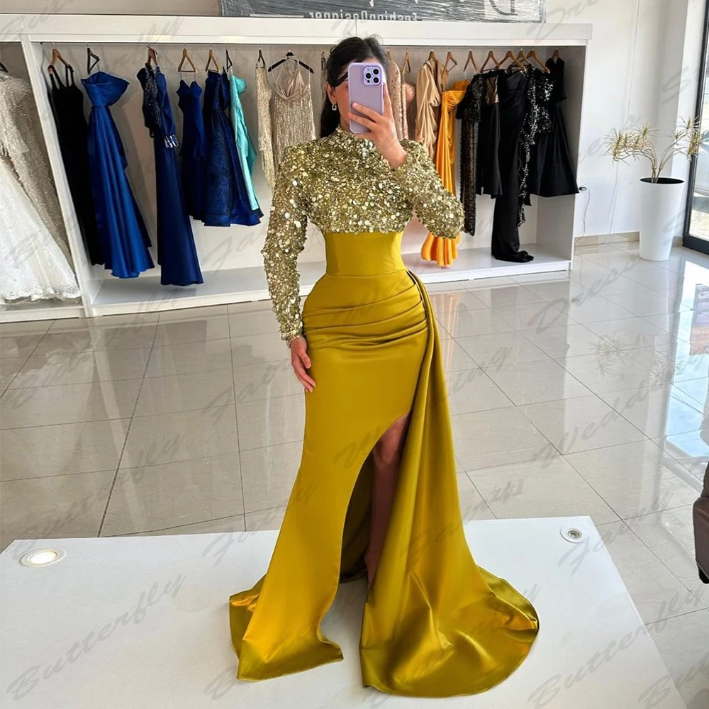 

Gorgeous Women's Muslim Evening Dresses High necked Mermaid Long sleeved Princess Prom Gowns Formal Fashion Celebrity Party Robe