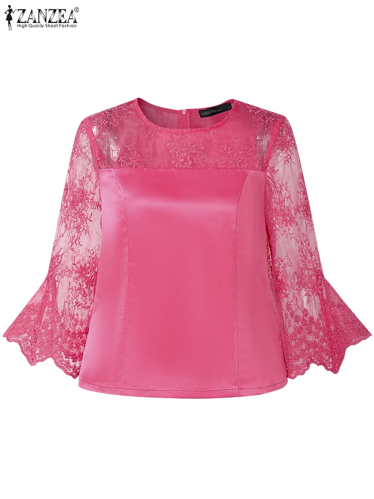 ZANZEA Blusas elegantes de satén brillante para Mujer, retales de tul bordado, cuello redondo, mangas acampanadas 3/4, Blusas para Mujer con clase, Tops sólidos