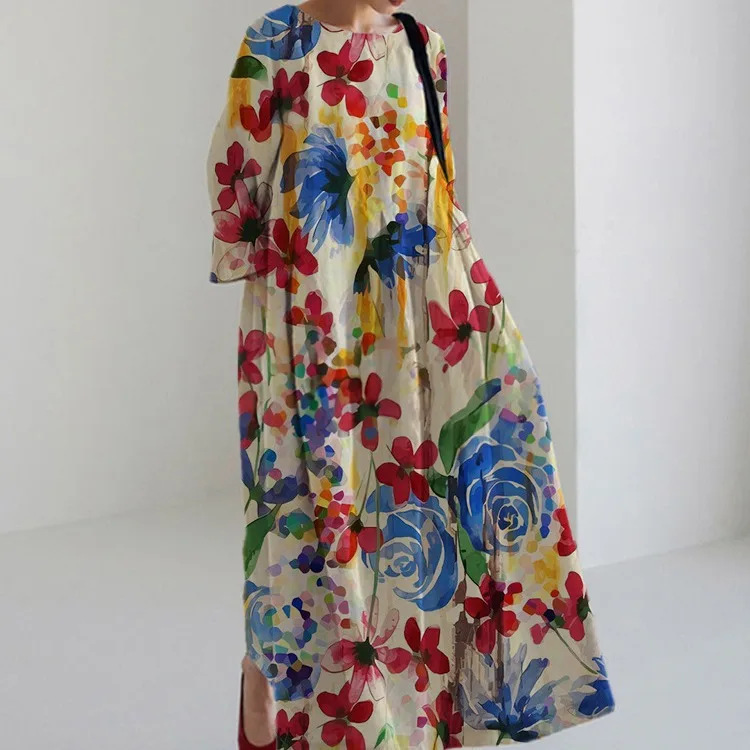 

Ankle Length Dress Women Print Dresses Maxi Casual Summer O Neck Long Sleeve Dress Loose Beach Pockets 2025 A Line Vestidos