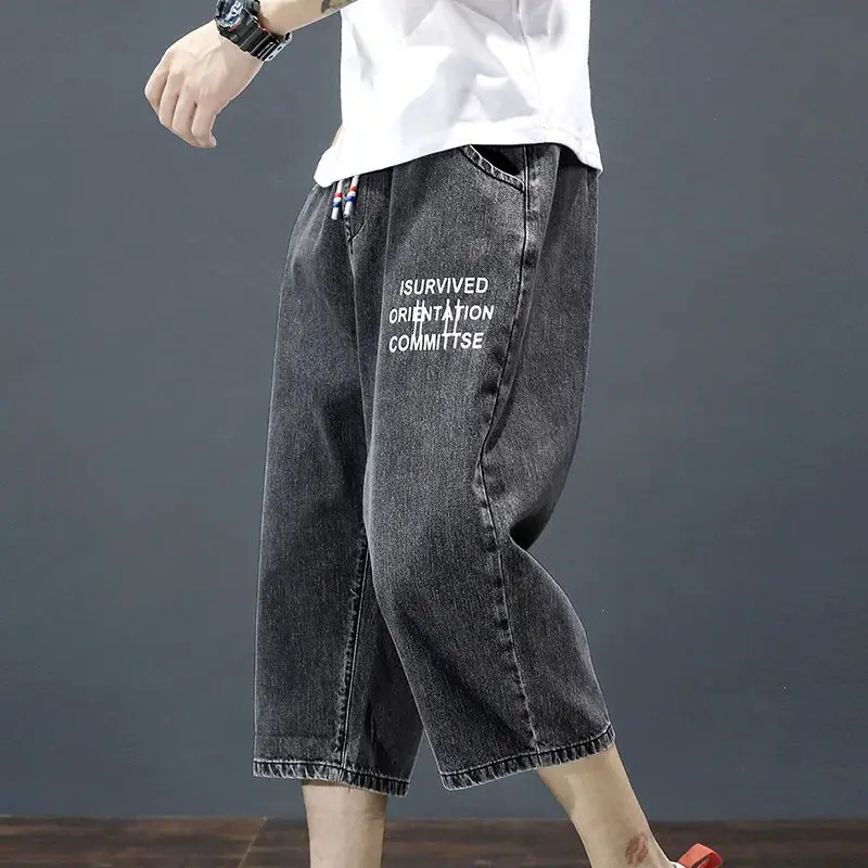 

Летние 7-точечные джинсы, шорты с эластичной резинкой на талии, свободные прямые брюки, повседневные широкие брюки, тонкие укороченные брюки, мужской новый стиль