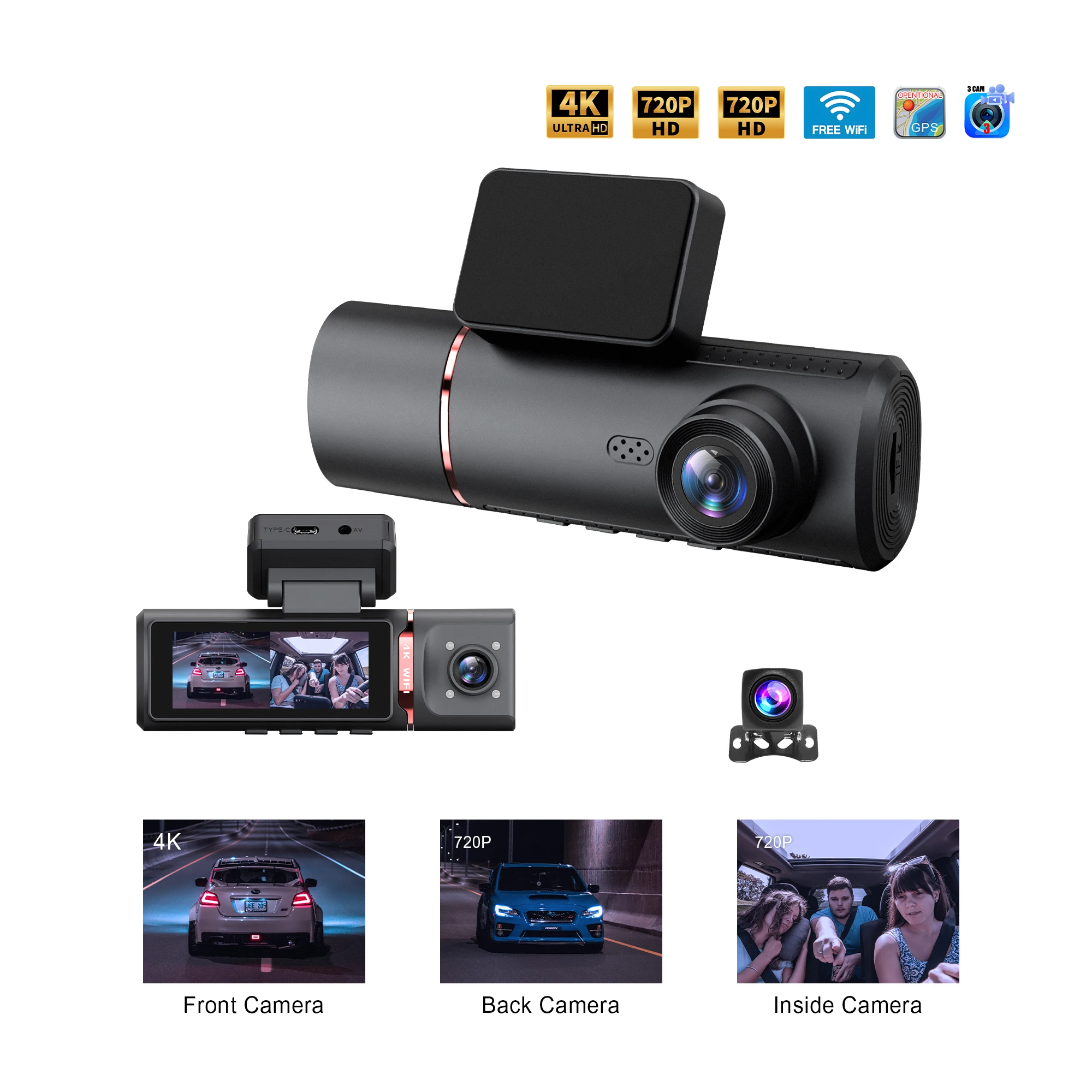 Universal 4K 3.16'' Car Dashcam DVR 3 Ways Camera Dash Cam  Video Recording with 24h Parking Monitoring WiFi GPS Video Playback