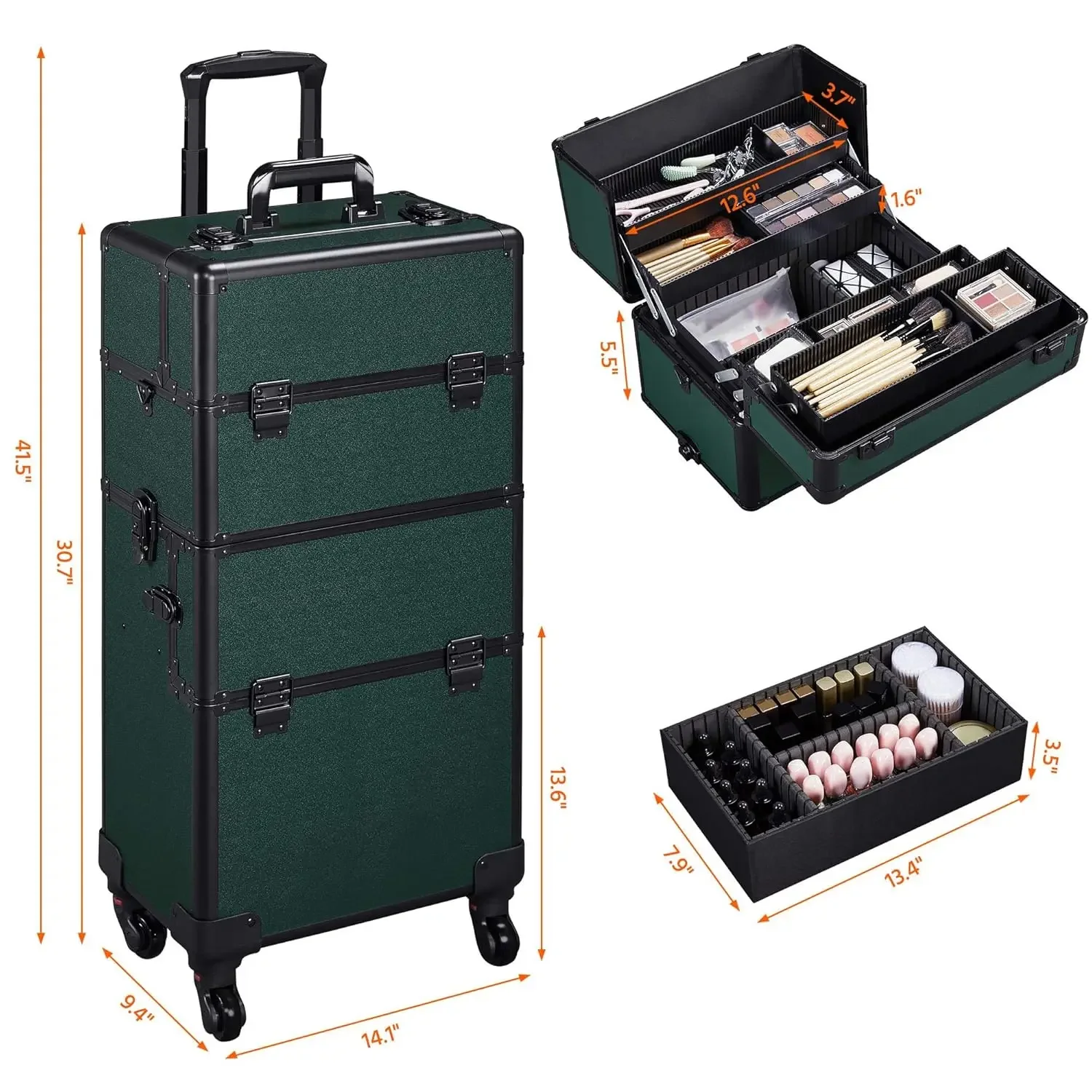 Makeup Train Case 3 in 1 Professional Cosmetic Trolley Multi-Functional Organizers Large Storage Traveling Cart Trunk