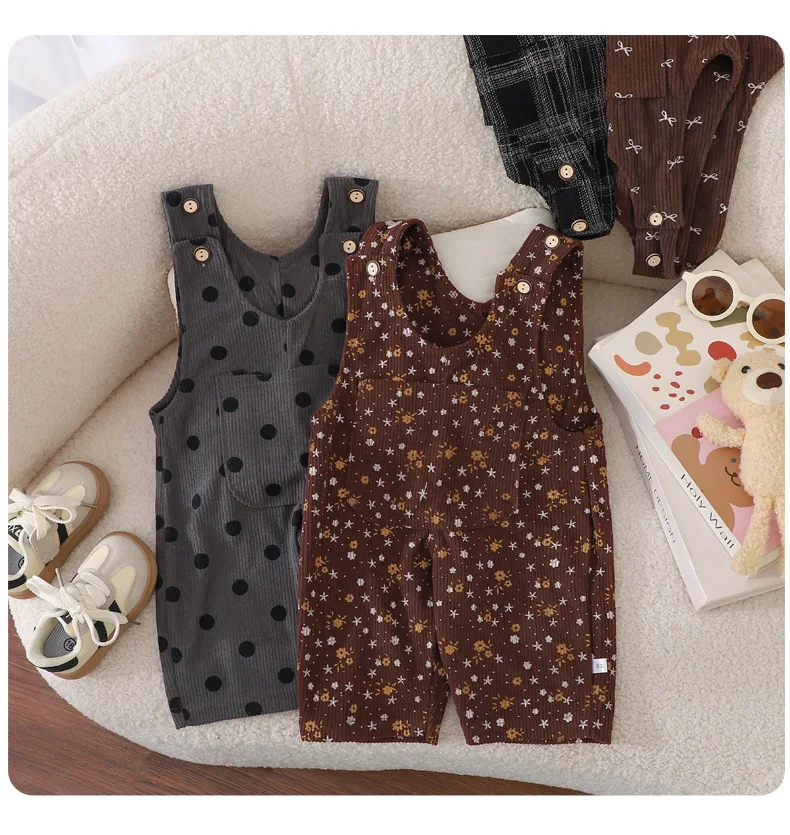 Baby Overall Boys Girls Autumn Clothes Corduroy Overalls with Small Floral Pattern Elastic Waist Infant Handsome Pants