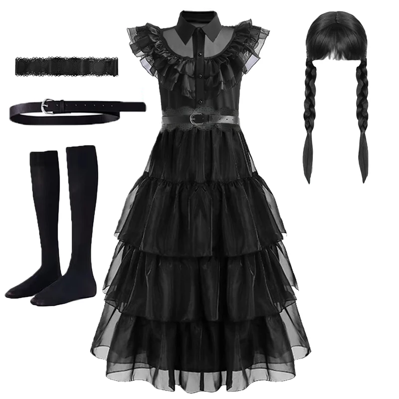 Addams Girls Princess Costume Black Dress Cosplay With Kids Wig Cat Ears Headband And Socks Carnival Birthday Halloween 4-14 Yrs