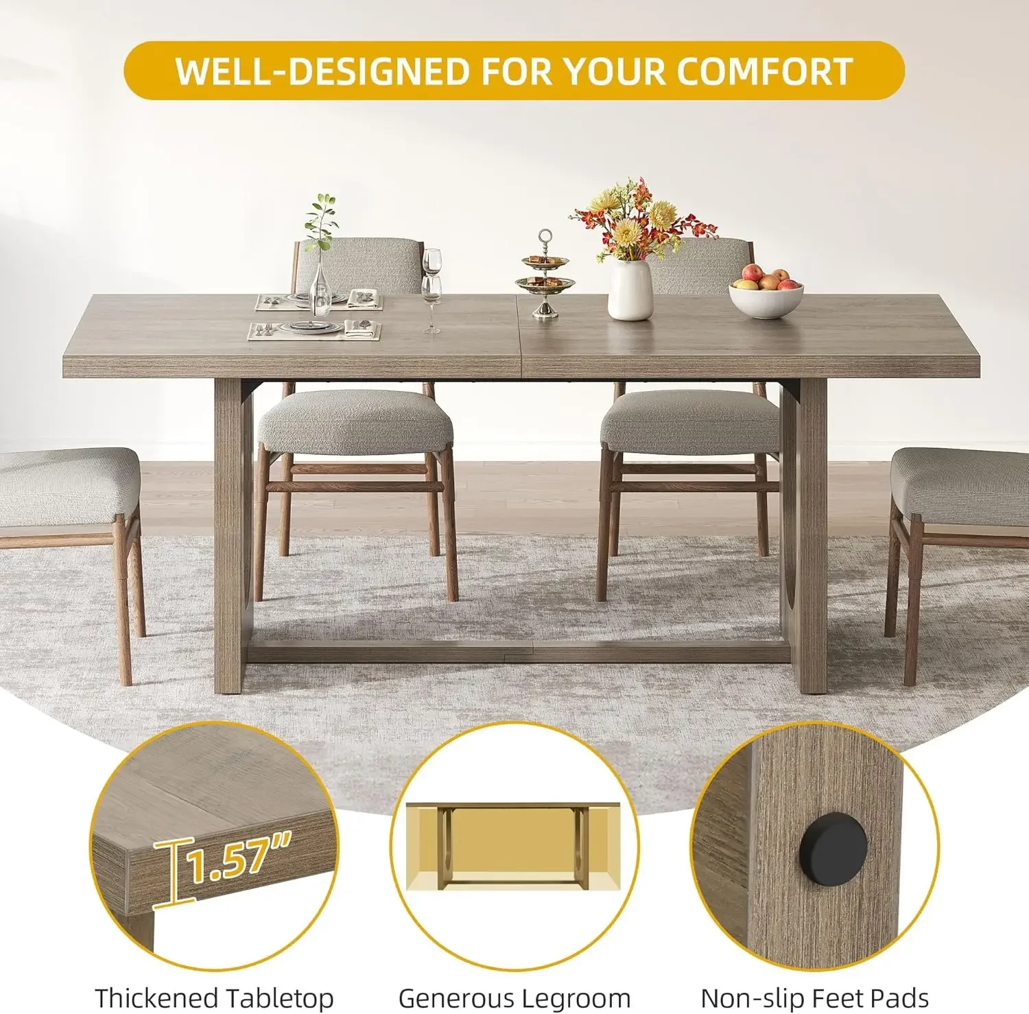 Dining Room Table for 6-8 People 70.86" Large Rectangle Dining Table Farmhouse Kitchen Table with Heavy Duty Wooden Base Rustic