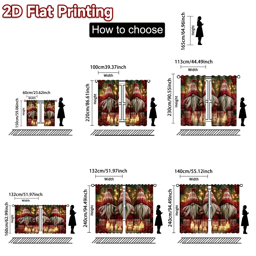 2D flat printing 2pcs Fashionable Christmas Curtains Christmas Gnomes and Poinsettias Digitally printed polyester, colorfast