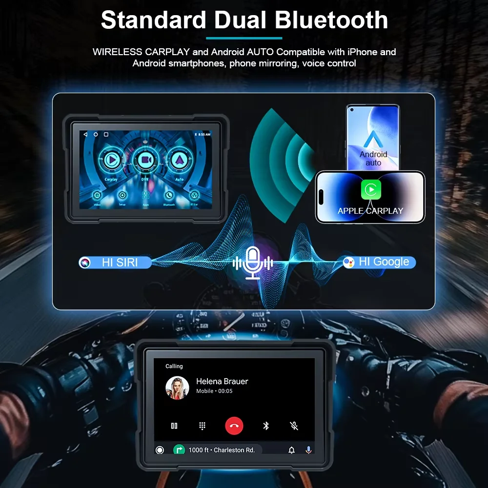 Carplay layar Monitor sepeda motor, layar Monitor dasbor Digital Multimedia, tahan air IPX8 navigasi GPS otomatis untuk motor Android