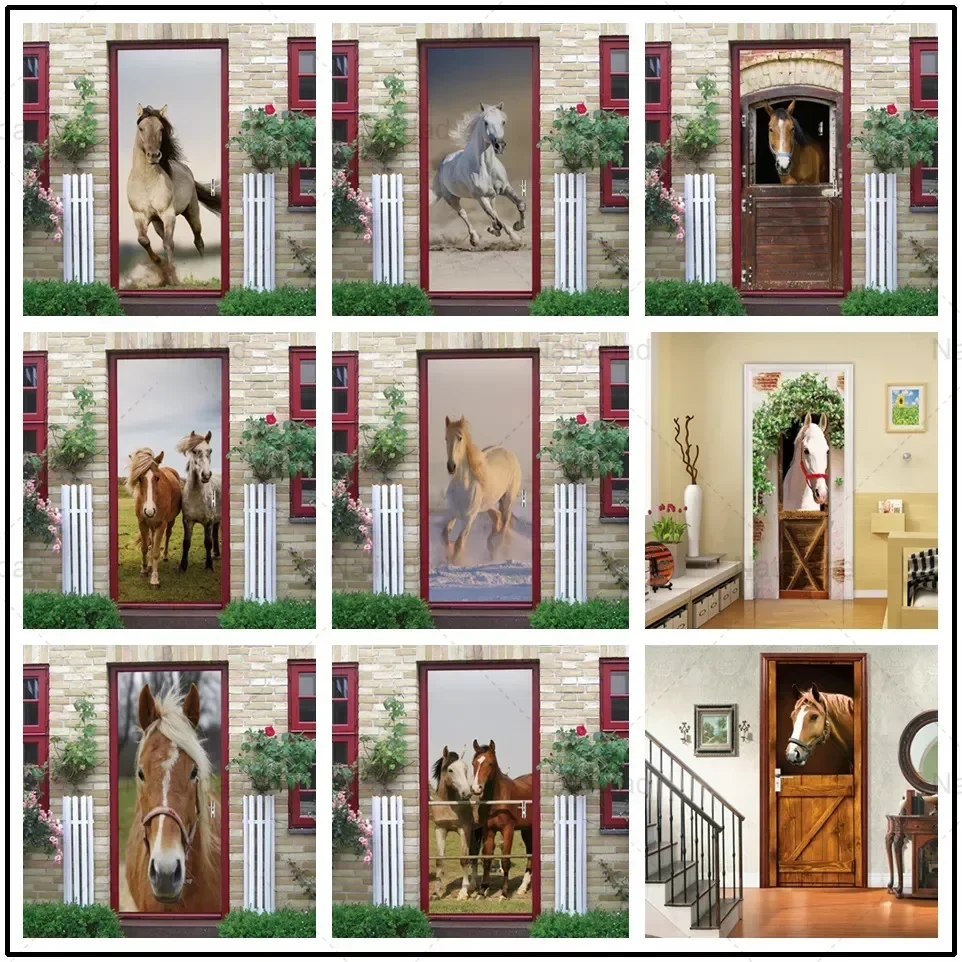 2Pcs/set Home Decor Horse Wallpaper Door Bedroom Design Door Sticker Self Adhesive Removable Home Door Wallpaper Poster