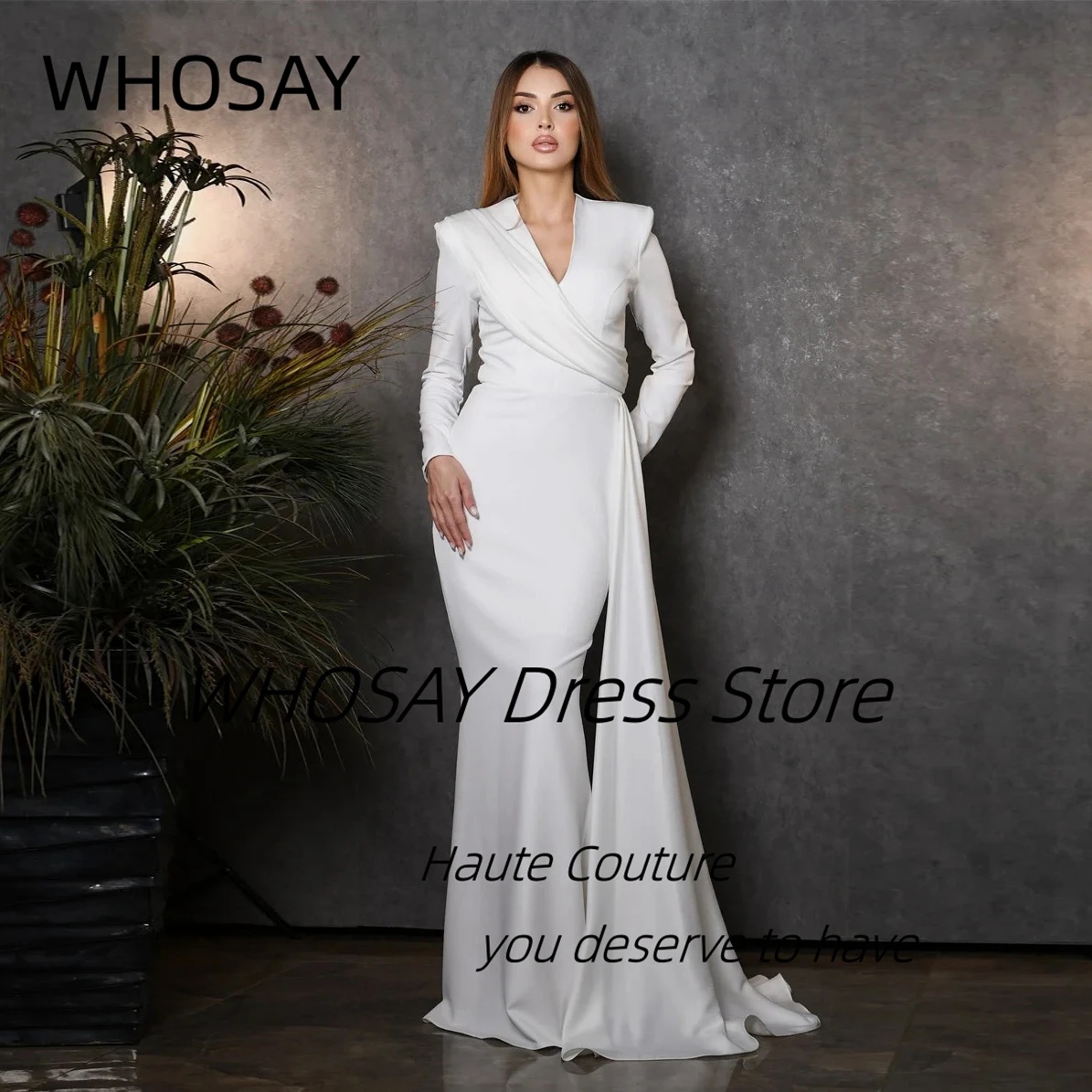 

WHOSAY V Neck Evening Dresses Customized Ruched Flutters Robe Des Soiree Long Sleeves Birthday Party Prom Special Occasion Dress