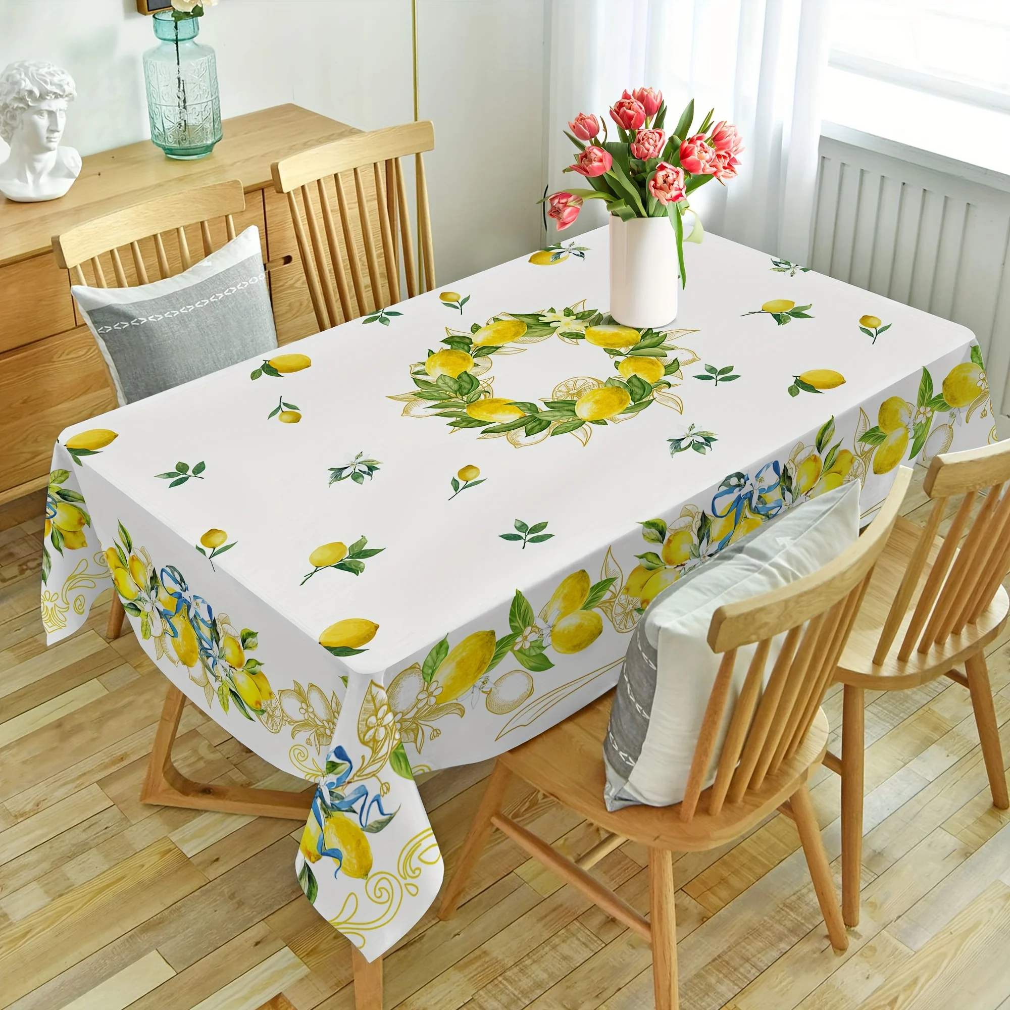 Floral Lemon Print Polyester Tablecloth - Rectangular Woven Design for Kitchen & Dining Room Decoration Table Cover