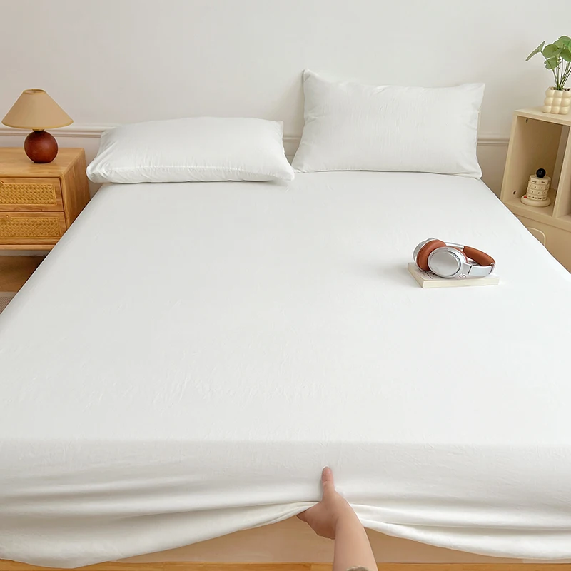 Sábana bajera de algodón lavada de Color sólido con bandas elásticas, funda de colchón ajustable antideslizante impresa para doble King Queen