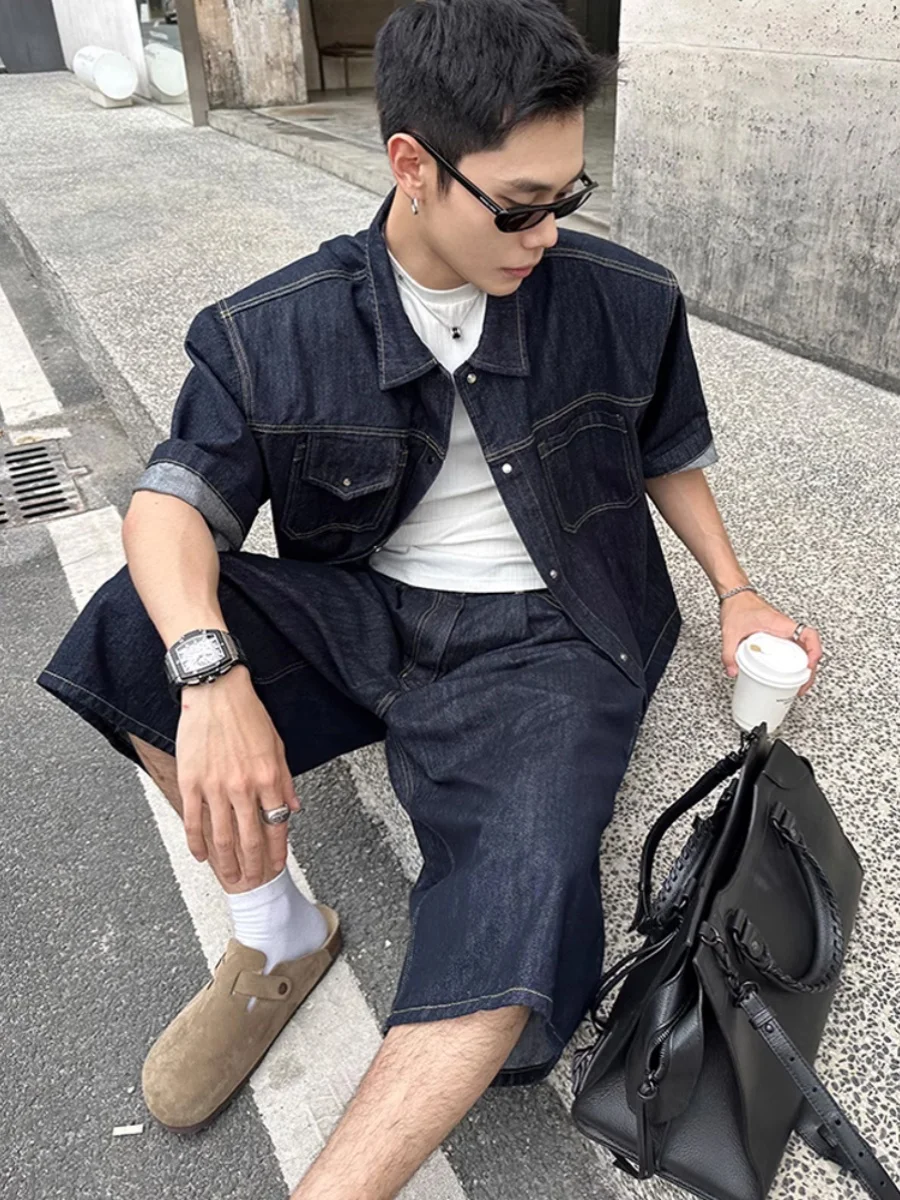 

Classic Retro High Street ort Sve Men's Denim irt over Knee orts Set Youth Trendy Loose Fit Four Seasons Thin Cloth
