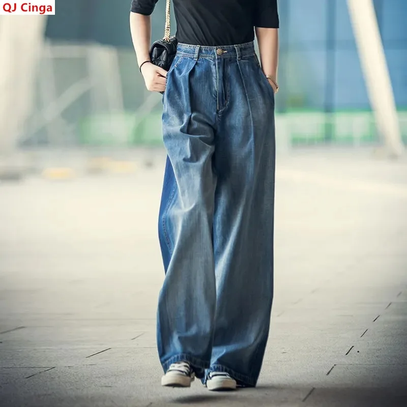 Men Blue Wide-leg Jeans for Spring and Fall, Women's Vintage-style Denim Pants, Asian Sizes 26–34.