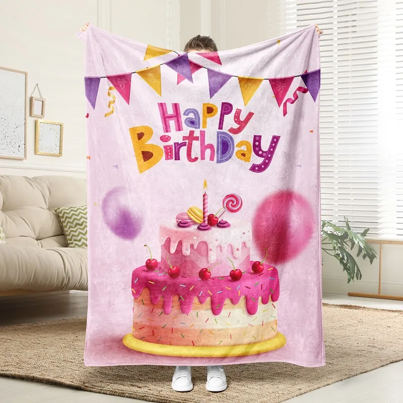 

Pink Cherry Birthday Cake Flannel Blanket Soft Plush Cozy Sofa Bed Decor Gift for Kids