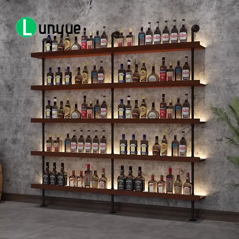 Modern Luminous Iron Wall Mounted Wine Rack Multi Layer Wood Display Shelf for 40-49 Bottles Home Bar Furniture Storage