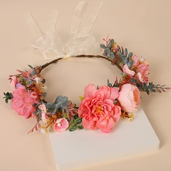 Artificial Flower Wreath Tiara Flower Hairband Garland Floral Headband Hair Wreath Headpiece with Ribbon Wedding Hair Jewelry