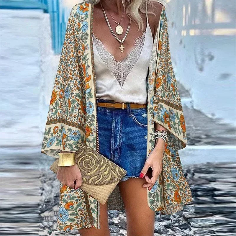 New Summer Bohemian Beach Wear Printed Cardigan Jacket Long Sleeve Leisure Holiday Beach Swimsuit Blouse Shawl Long Coat