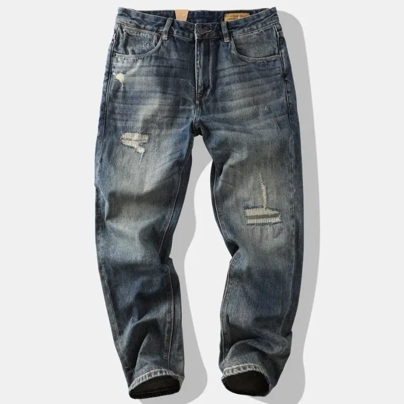 

Korean Popular Clothes Retro Street Trendy Sticker Ripped Jeans Men's Washed Old Straight Loose Long Pants Large Size Trousers