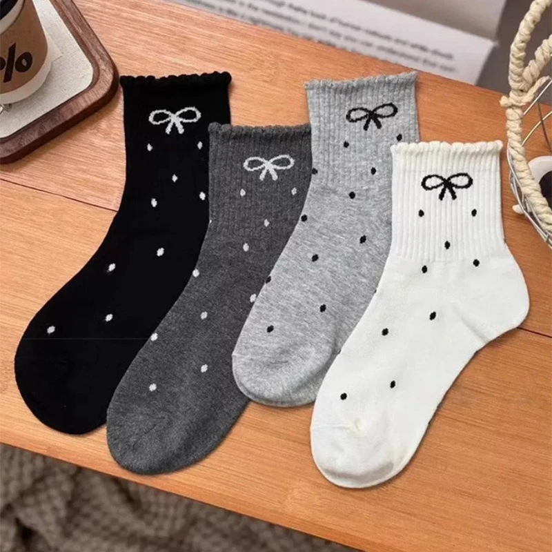 5/10 Damen-Freizeitsocken mit doppelter Rüschen und Schleife und Punkten, süße, ästhetische, modische Damensocken mit Rüschen.
