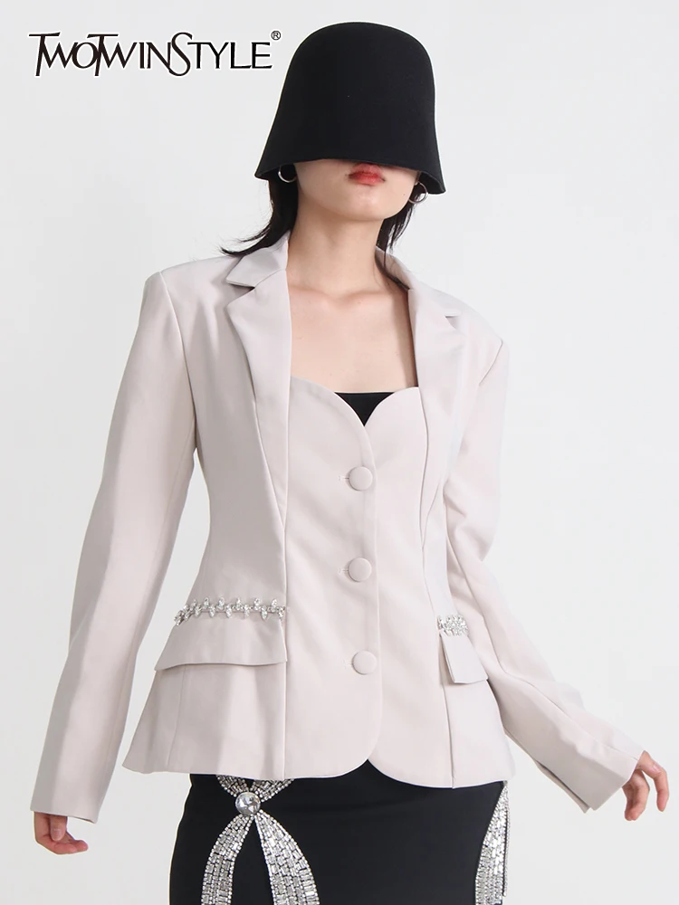 

TWOTWINSTYLE Slim Backless Blazers For Women Notched Collar Long Sleeve Patchwork Diamonds Blazer Female Fashion Clothing New