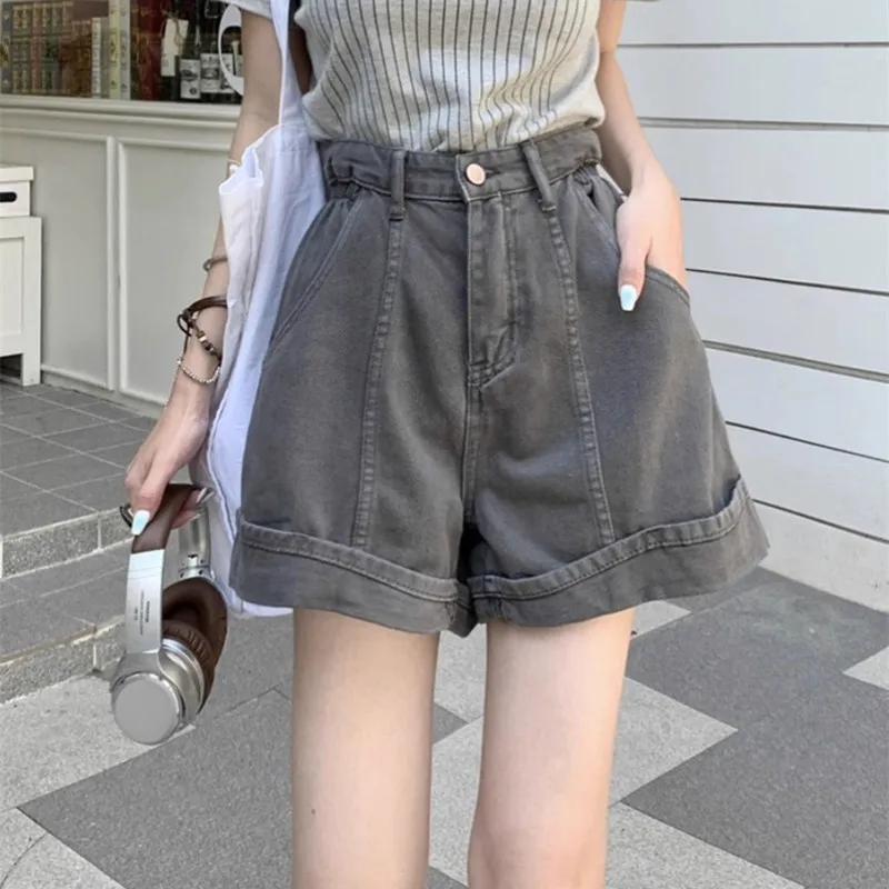 

Women's Shorts Casual Loose Vintage High Waist Curl Denim Wide Leg Short Pants Woman Summer Grey Harajuk Jean Shorts Baggy