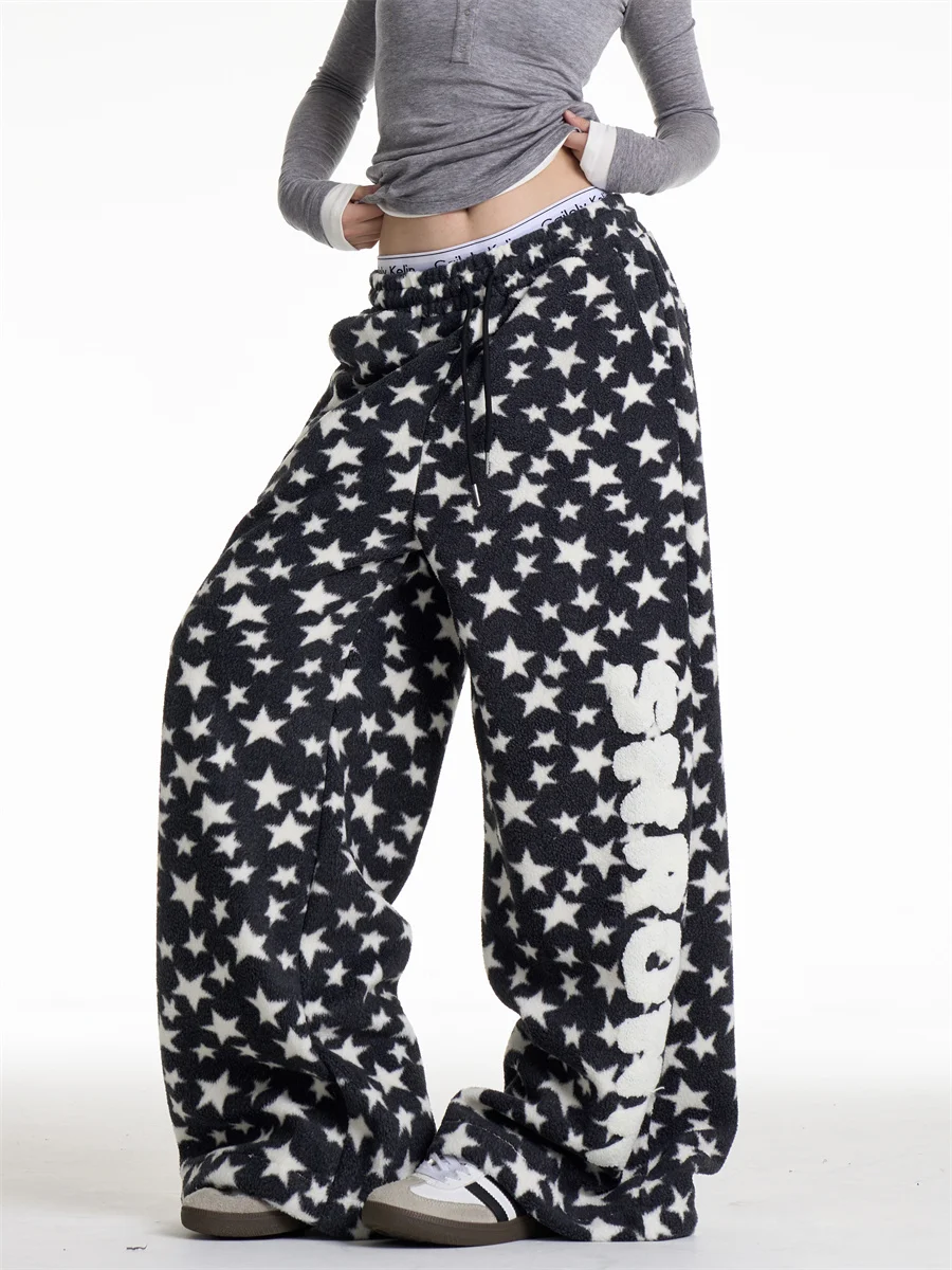 

Onlpp American Style Fleece Wide Leg Pants Women's Loose Bf Trendy Brand Warm All-Match Star Print Casual Trousers
