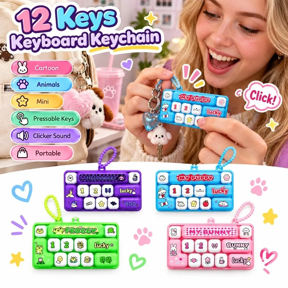 Cartoon 12 Keys Keyboard Keychain Mini Pressable Keys Keyboard Clicker Keychain Creative Clicker Sound Fingertip Button Keyring