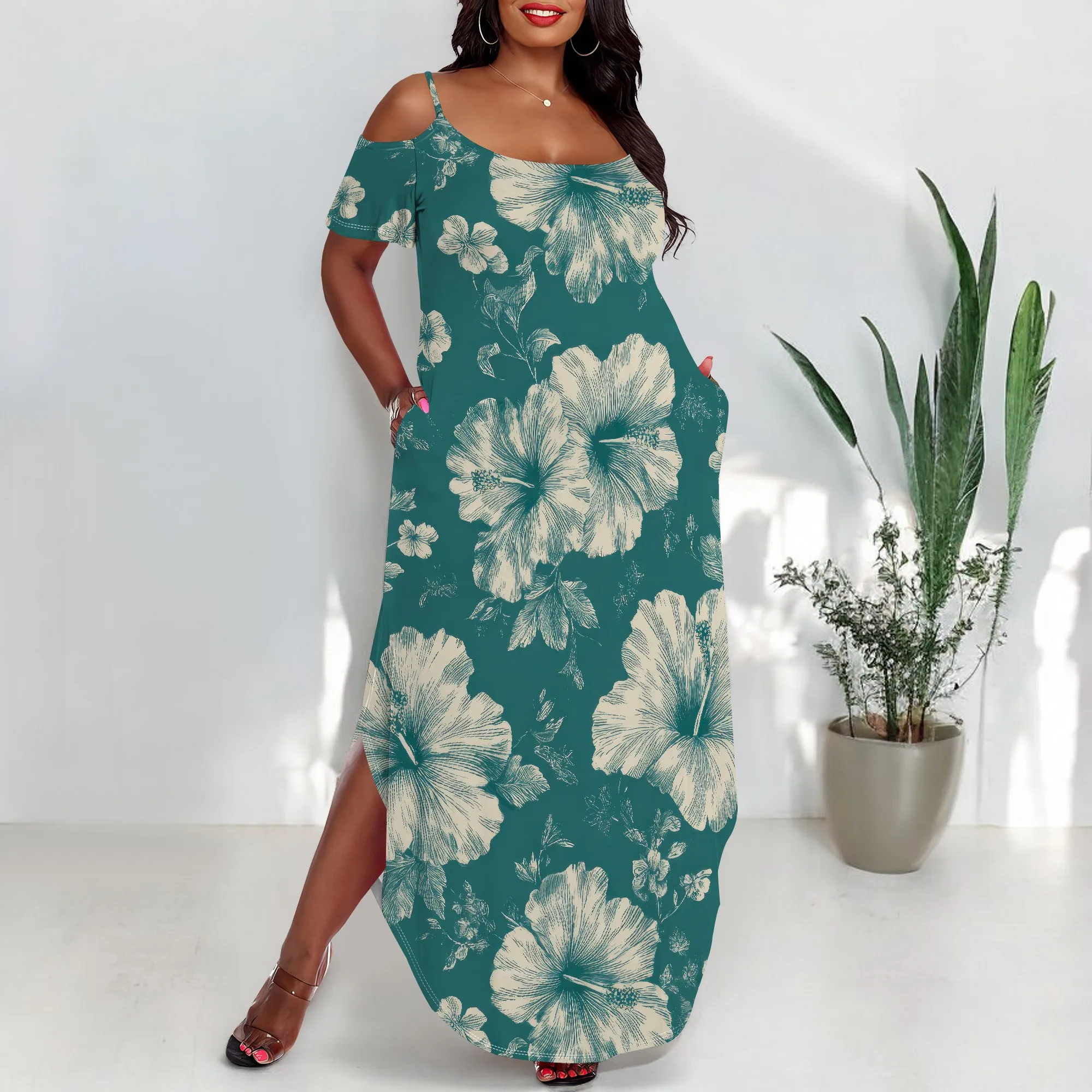 Abiti lunghi maxi estivi da donna 2025 con spalla fredda e tasca