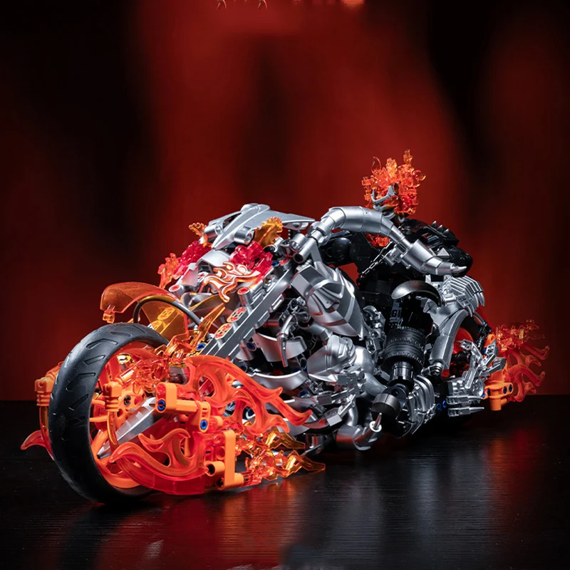 

[1436pcs] flaming skull motorcycle building block model, 14+, collector-grade desktop ornament