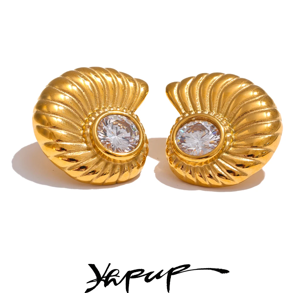 Yhpup Summer Metal Striped Shell Cubic Zirconia Stud Earrings 18K Gold Color Plated Stainless Steel High Quality Daily Jewelry