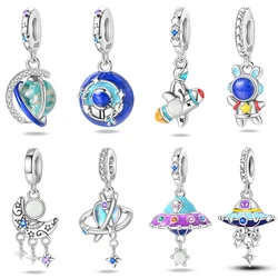 Abalorios de plata de ley 100% 925 para pulsera, abalorios luminosos de conejo, astronauta, Planeta, nave espacial, aptos para manualidades, collar y joyería 925 originales