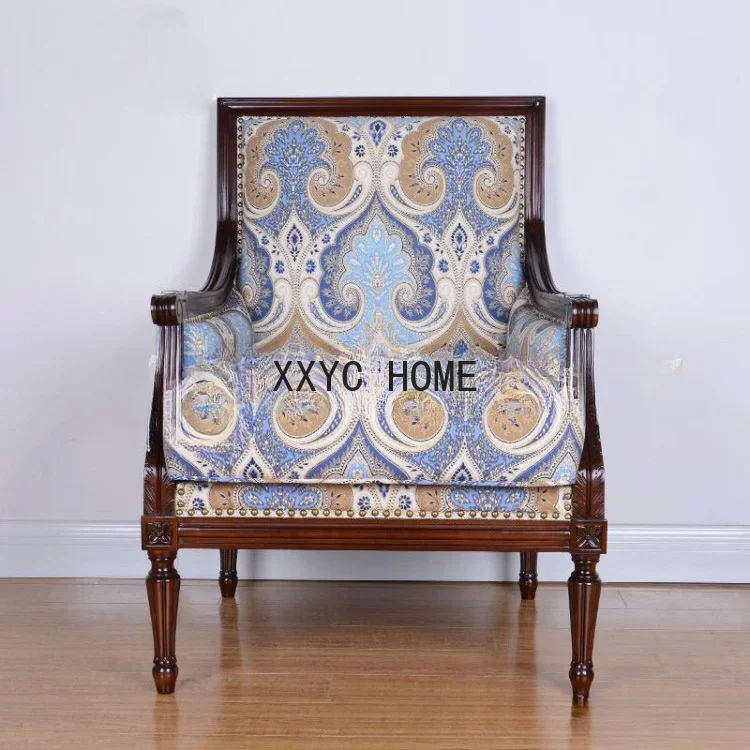 

American solid wood single sofa chair custom furniture living room engraved fabric soft bag leisure hotel negotiation sofa chair