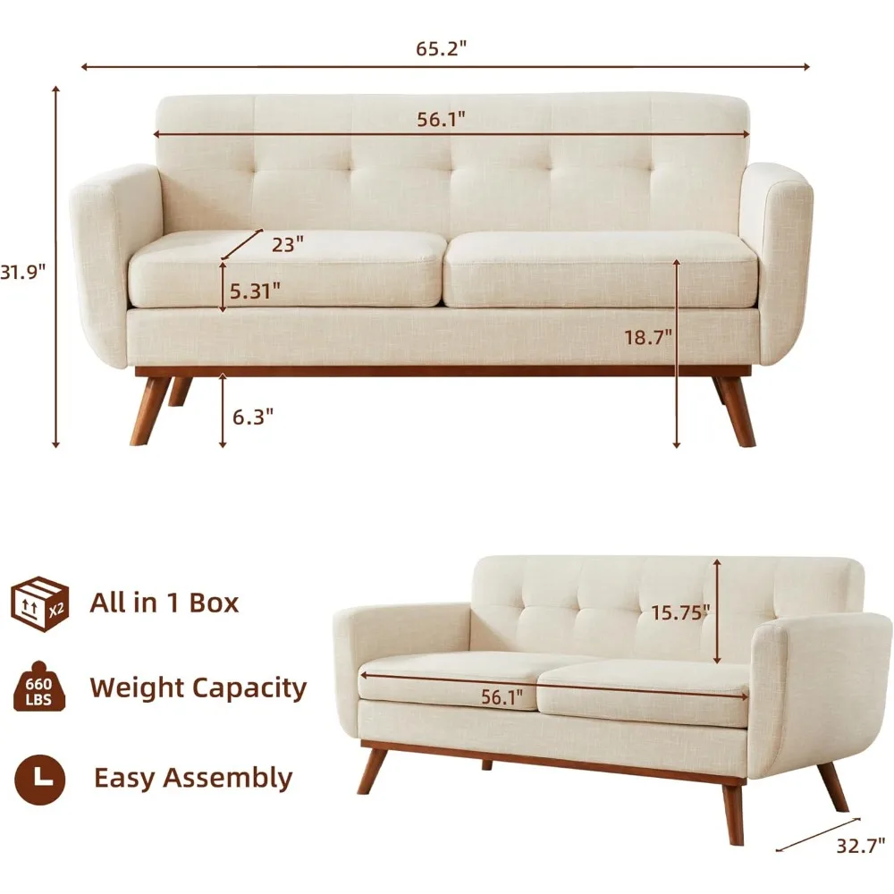 

65.2" W Loveseat Sofa, Mid Century Modern Decor Love Seat Couches for Living Room, Button Tufted Upholstered Furniture