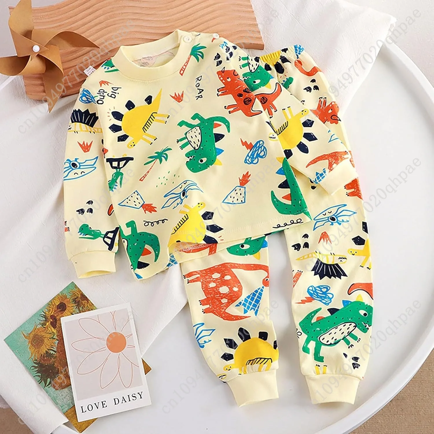 Set Piyama Anak Laki-laki Kecil Pakaian Tidur Katun Lengan Panjang Bayi Balita Pakaian Tidur Kartun Lucu Dinosaurus Pakaian Santai