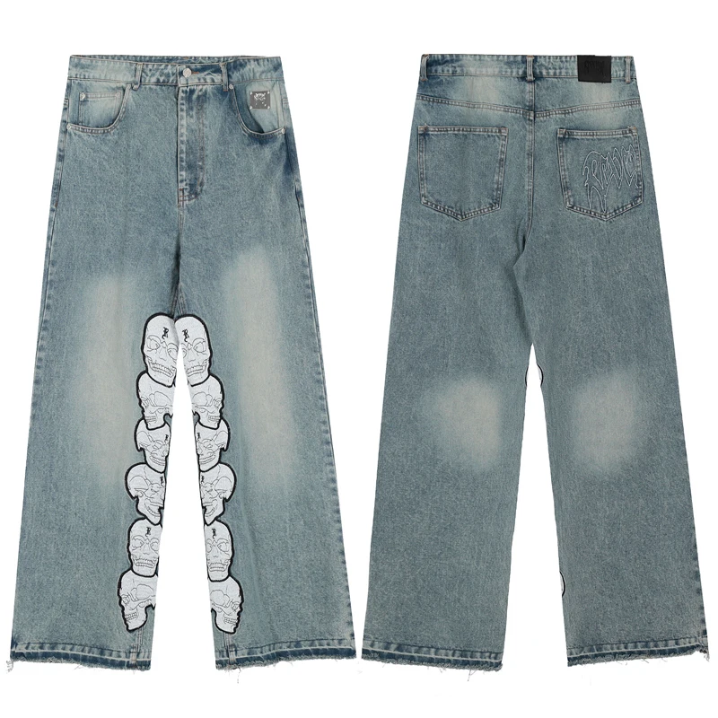 American Trend Revenge Jeans High Quality Skull Embroidery Original Tag Hip Hop Wide Leg Pants REVENGE Casual Pants