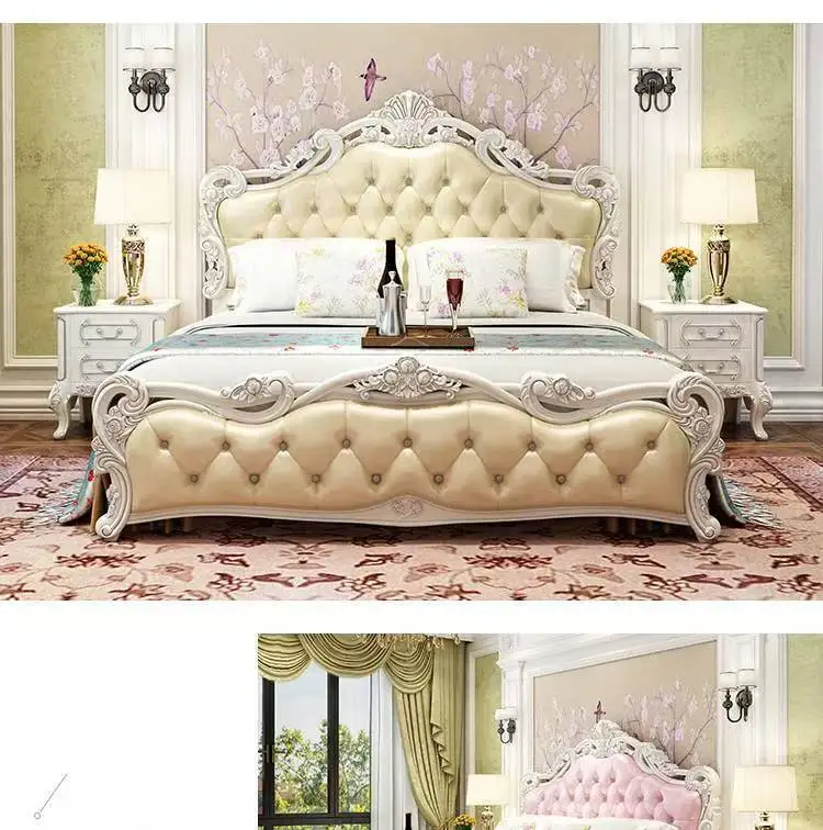 European Bed High-end Light Luxury Solid Wood Princess Simple European Double Pink Leather Wedding Bed Master Bedroom Fu