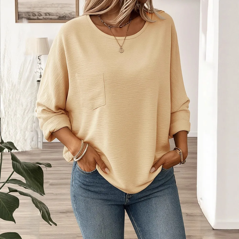 Maglietta Casual da Donna con Collo Tondo, Maniche Lunghe e Tasca, Versatile per il Lavoro, Pullover Femminile, T-Shirt a Maniche Lunghe