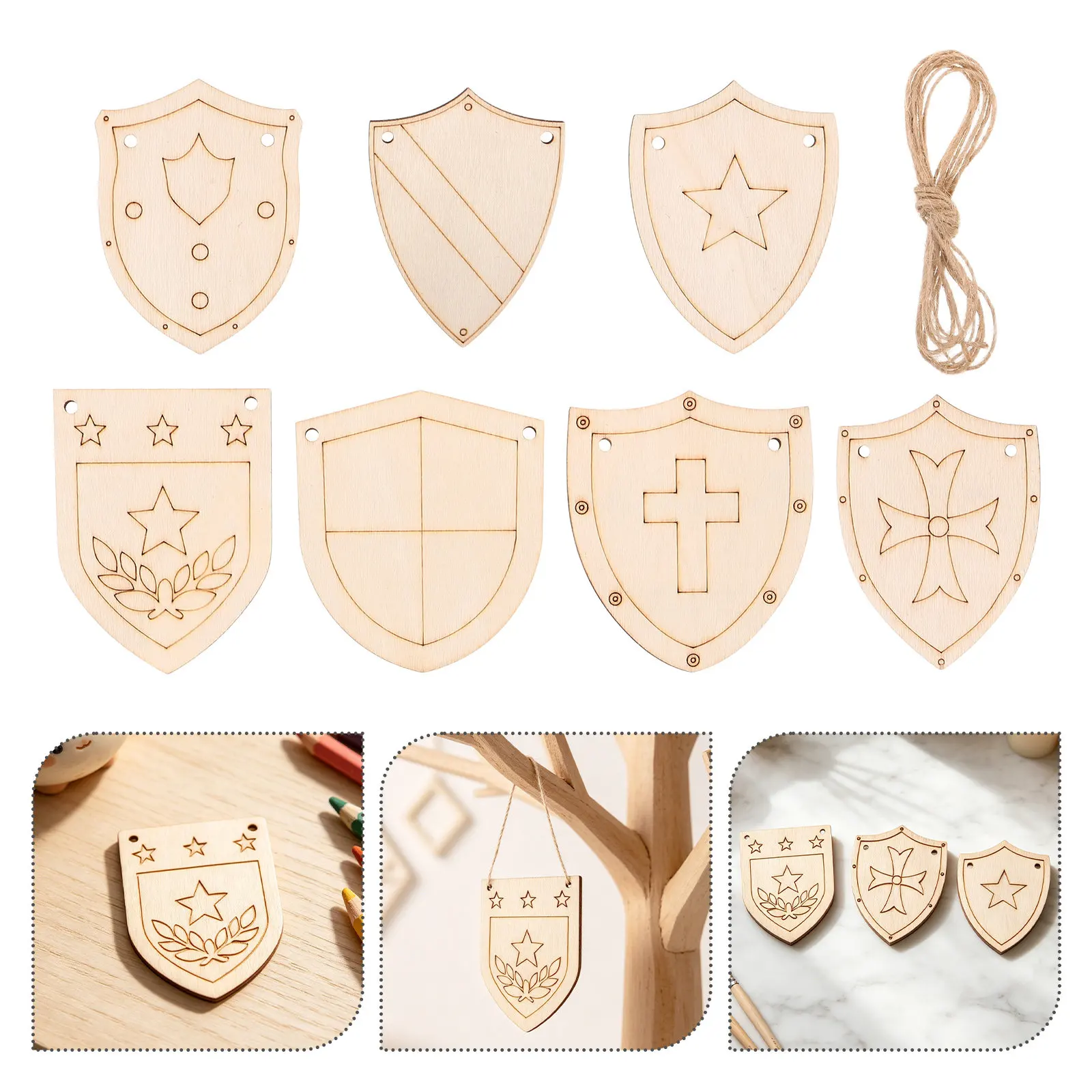 50Pcs Wooden Shield Hanging Ornaments Unfinished Wood Craft Kit DIY Painting Decoration 80Mm Unpainted Shield Cutouts for Kids