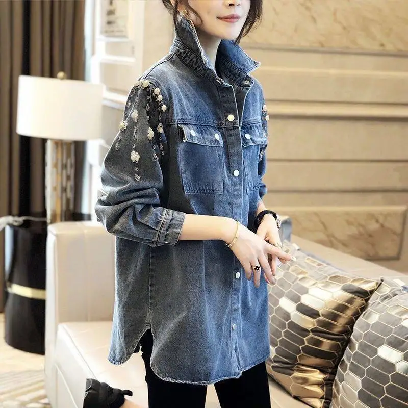 Casual Denim Polo-Neck Shirt Fashion Pearl Beading Spring Autumn Pockets Spliced Female Clothing Single-breasted Loose Blouse