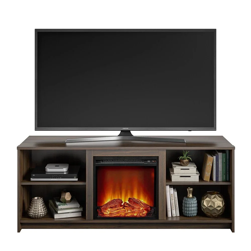 Black color TV cabinet with electric fireplace,MDF+PB material,Sturdy Construction & Charming Detail