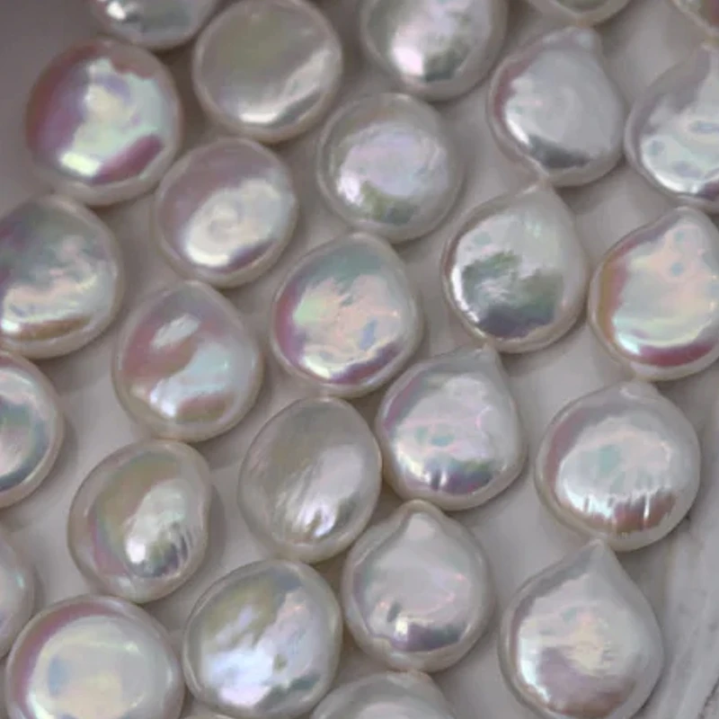 White Freshwater Baroque Pearl 12MM to 14MM Flat Coin Round Disc Button Drop Beads Drilled dazzling luster Special pearl