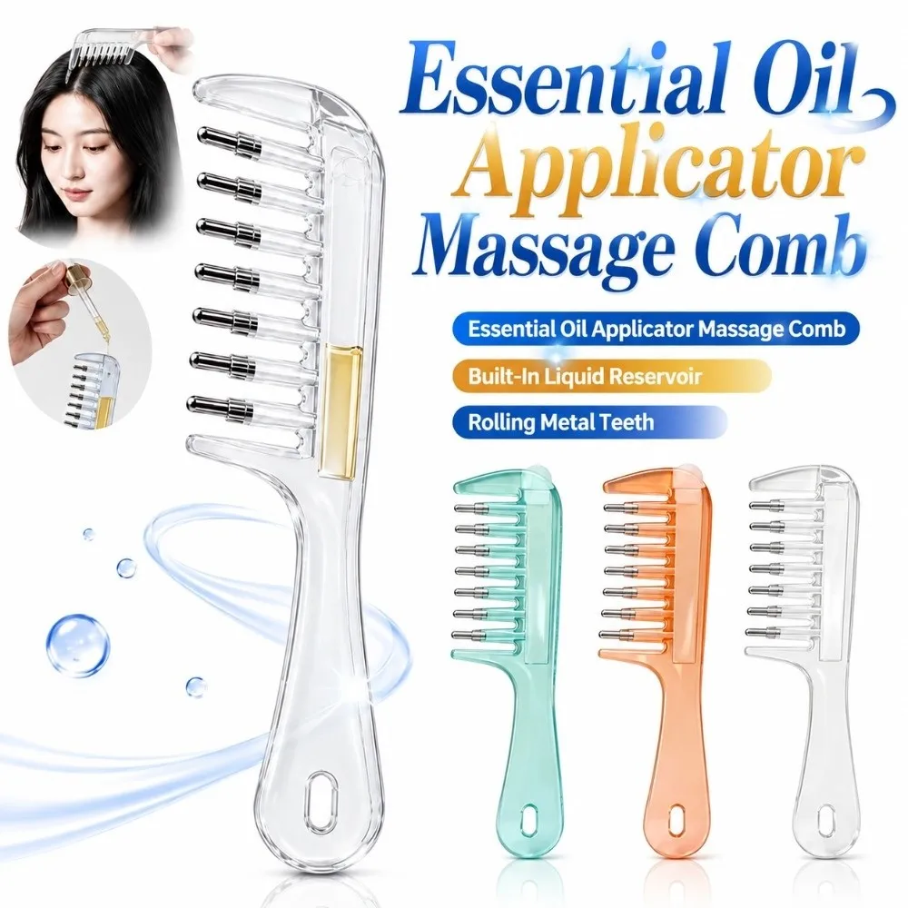 7-Tooth Essential Oil Applicator Massage Comb Rolling Metal Teeth Transparent Liquid Guiding Scalp Massager Comb Precise