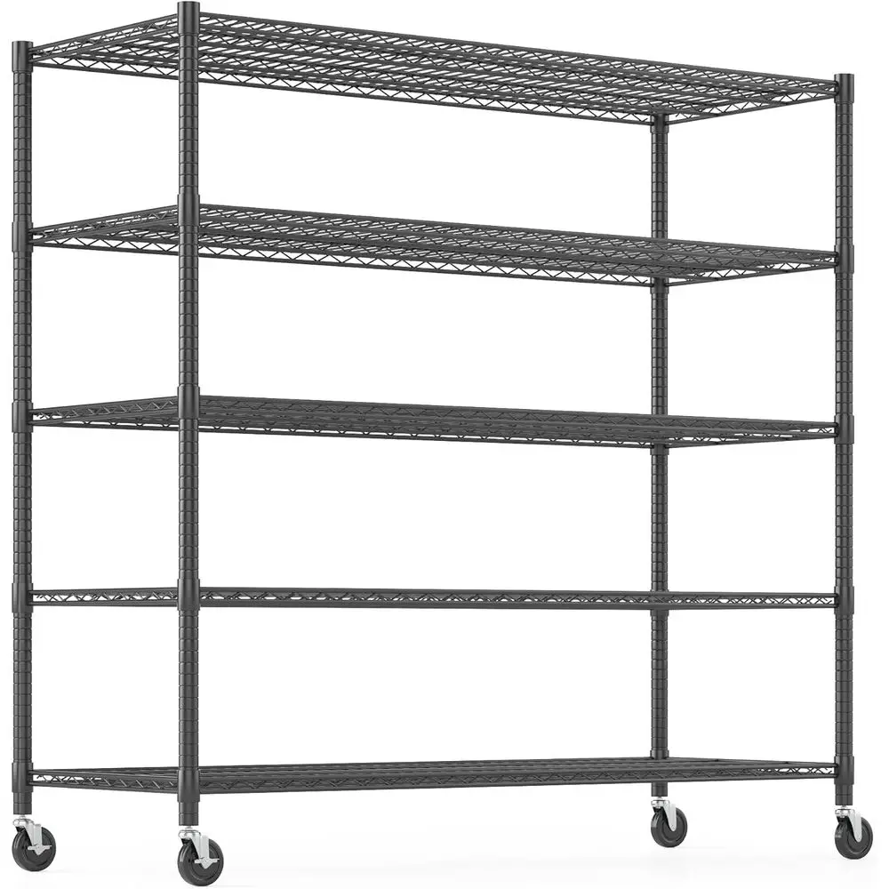 

5-Tier Heavy Duty Steel Wire Shelving with Wheels, Adjustable Storage Rack for Garage, Kitchen, Pantry, Bathroom, Laundry, 18 D