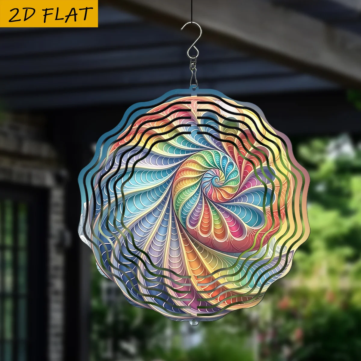 2D Flat Rainbow Spiral Wind Spinner - 10 Inch Metal Art with 360 Swivel Hook for Garden Christmas Gift