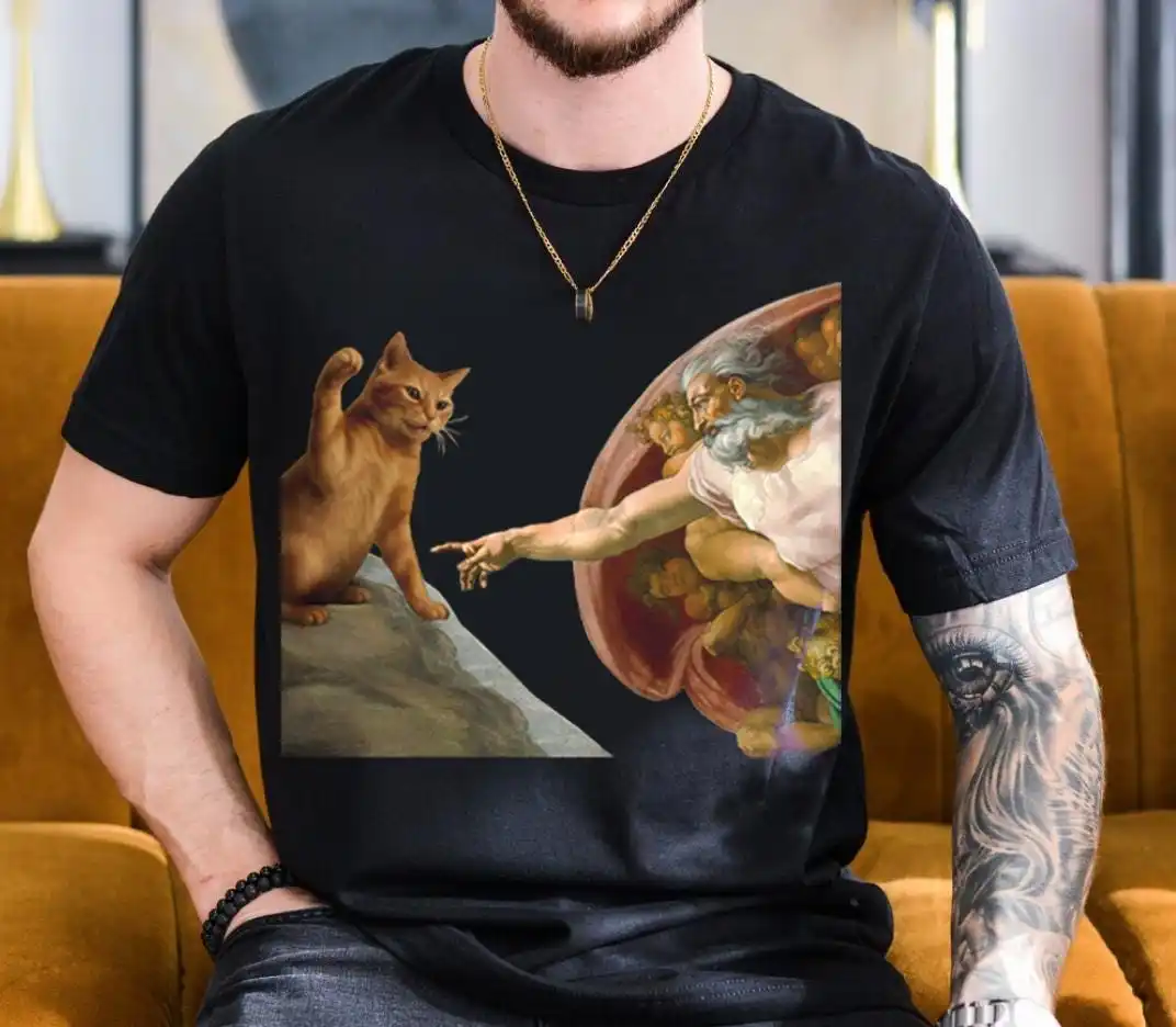 The Creation of Cat T-Shirt , Funny Art Parody Tee ,Renaissance Cat Meme Shirt