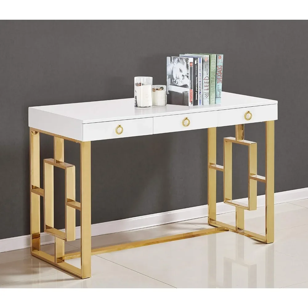 

Современный глянцевый стол для домашнего офиса Brooke середины века, белый/золотой