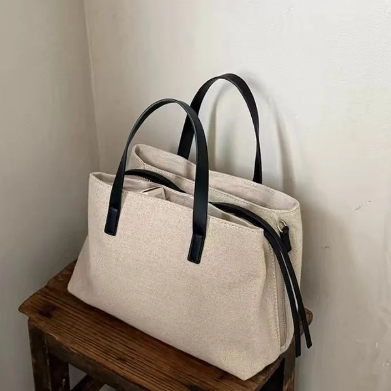 

Women's Multi-compartment Zippered Tote Bag Retro Suede Canvas Handbag Casual Simple Commuter Shoulder Bag