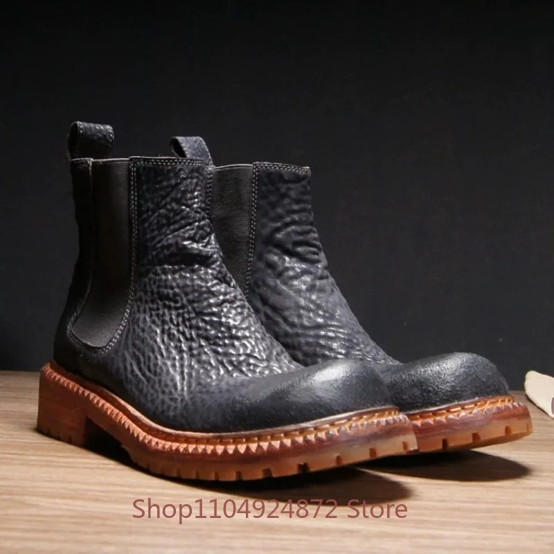 British Style Casual Chelsea Boots Men's Work Shoes Thick Sole Genuine Leather Non-slip Western Motorcycle Ankle Boots Male