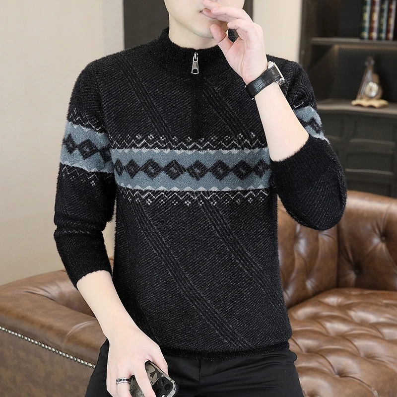 Winter Half Zip Knitted Sweaters Men's Retro Slim Casual Knitted Jacquard Sweater Stand Collar Knitwear Tops Social Streetwear