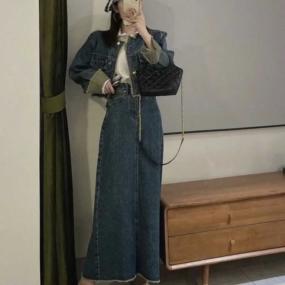 Advanced Age Reducing Internet Celebrity Salt Series Dress Up Sister Style Cowboy Coat Half Skirt Two Piece Set Autumn Women WLF